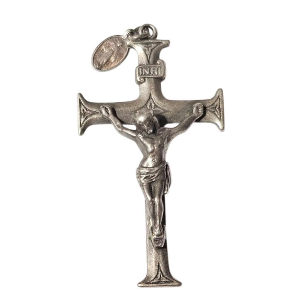 Vintage 1944 WWII Era Sterling Silver Engraved Catholic Crucifix Cross Pendant